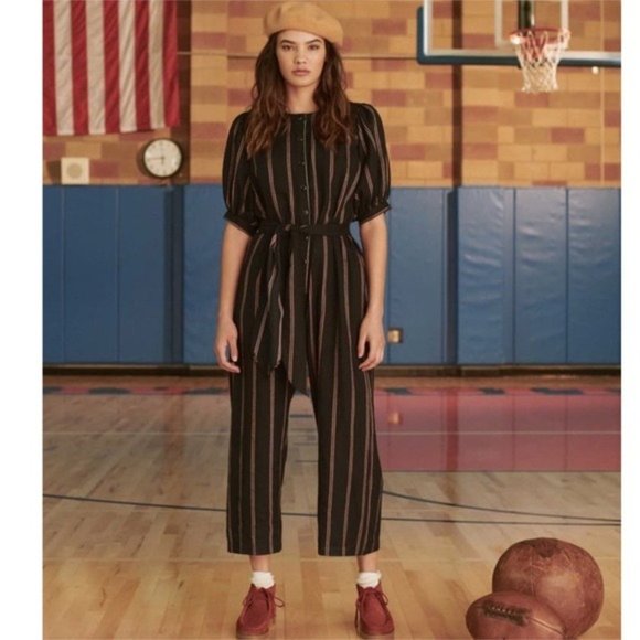 THE GREAT Jumpsuit Large Size 3 Navy Striped Short Sleeve Cropped Preppy L